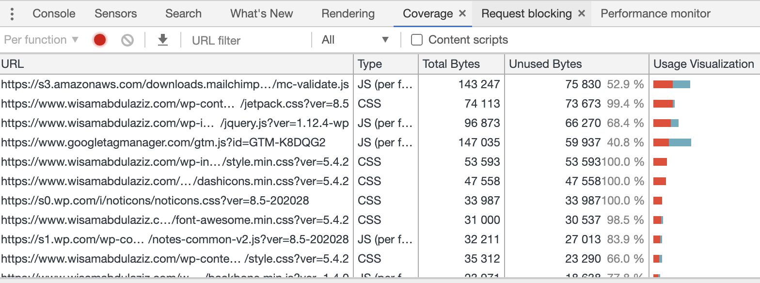 Coverage section chrome developer tools 